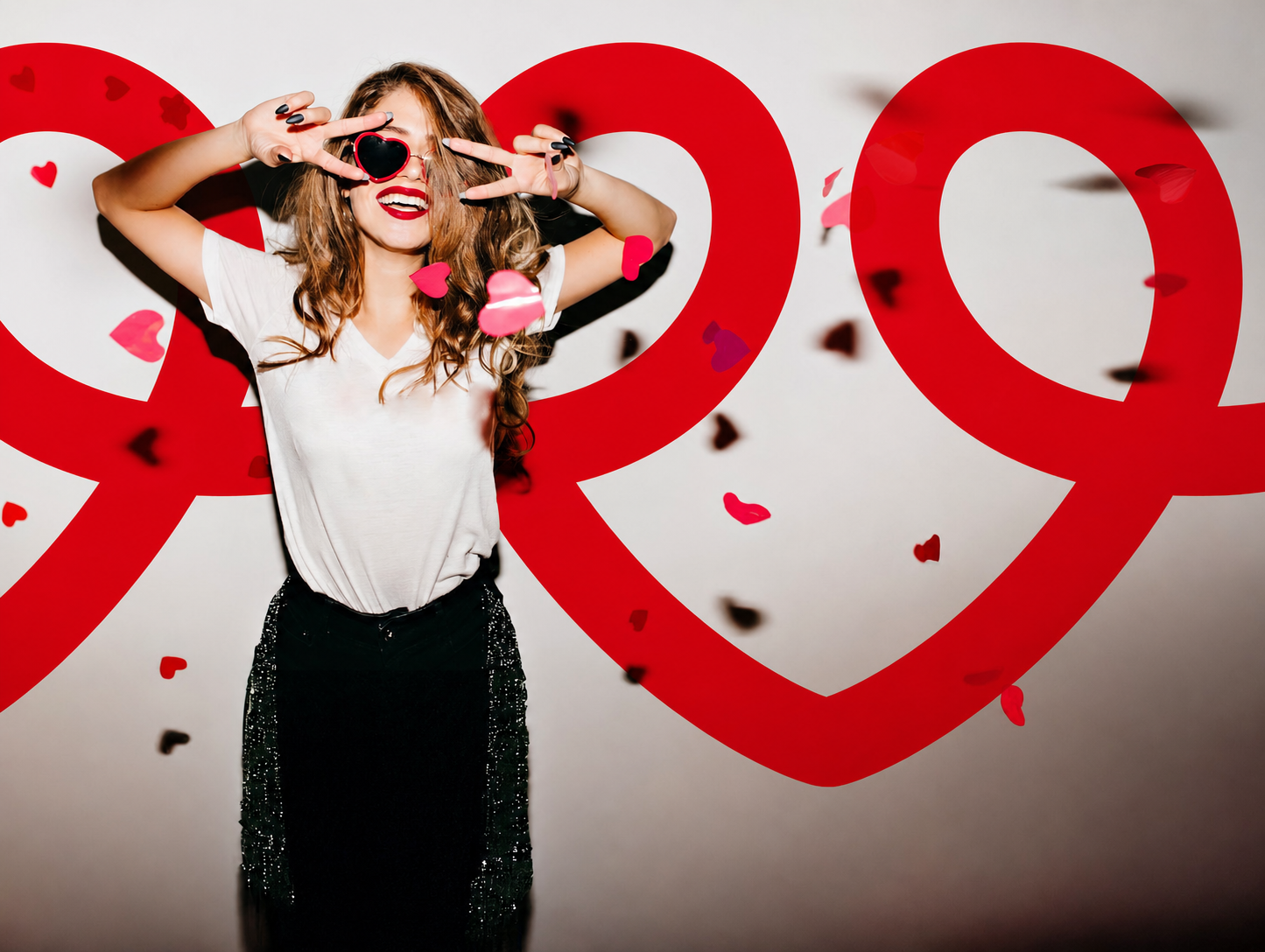 Happy woman wearing red heart-shaped sunglasses in front of a Limerence brand backdrop